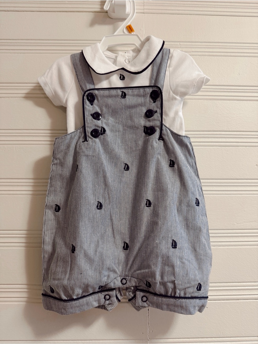 Striped Embroidered Sailboat Romper with White Collar Tee